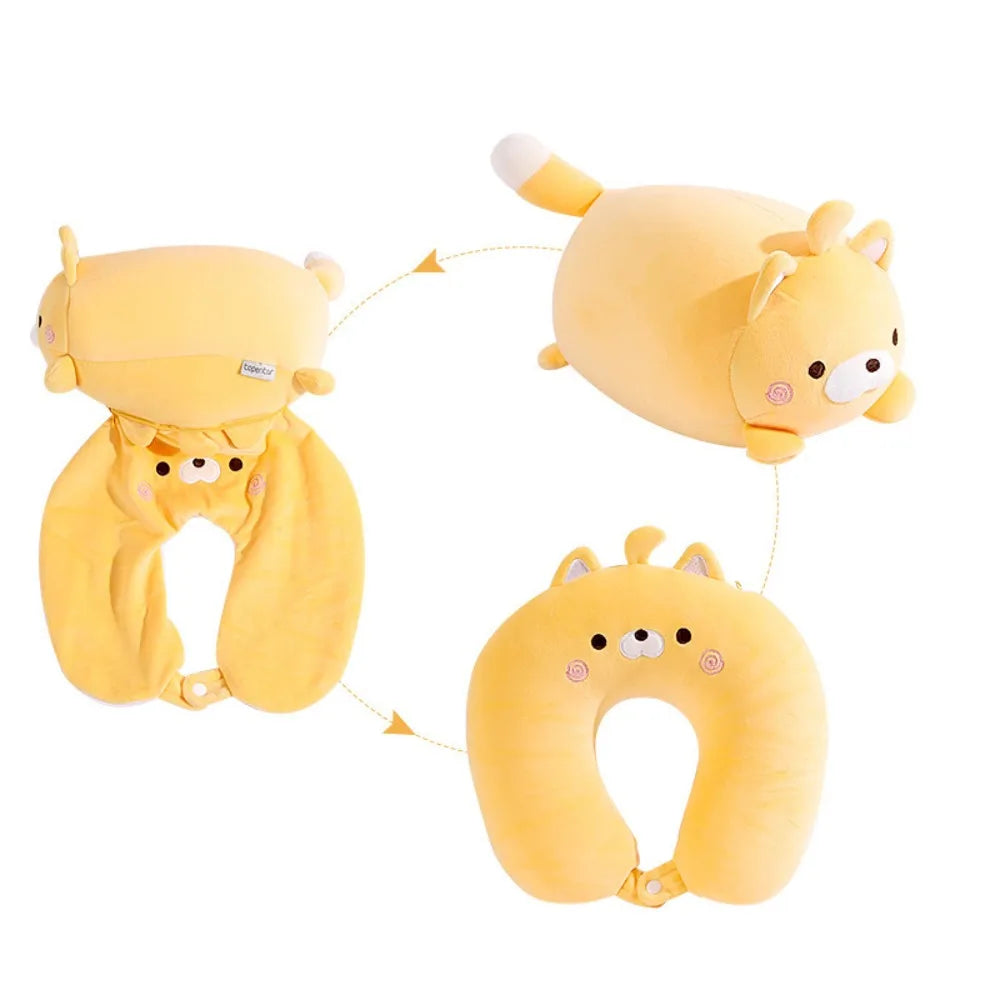 oreiller cervical forme chat peluche jaune gris kawaii doux transformable literie
