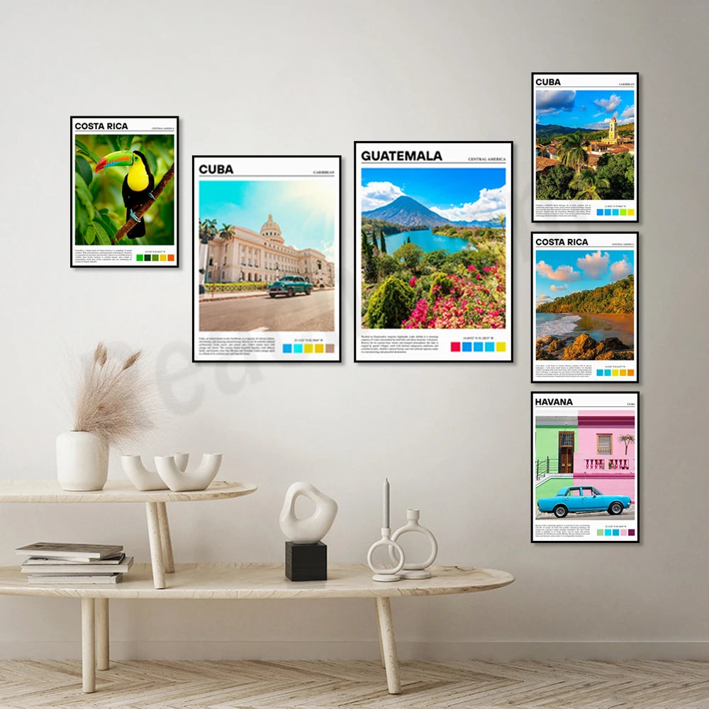 Affiches de voyage colorées mettant en valeur des destinations emblématiques d'Amérique latine, telles que la faune de Costa Rica, l'architecture coloniale de Cuba et les paysages naturels du Guatemala.