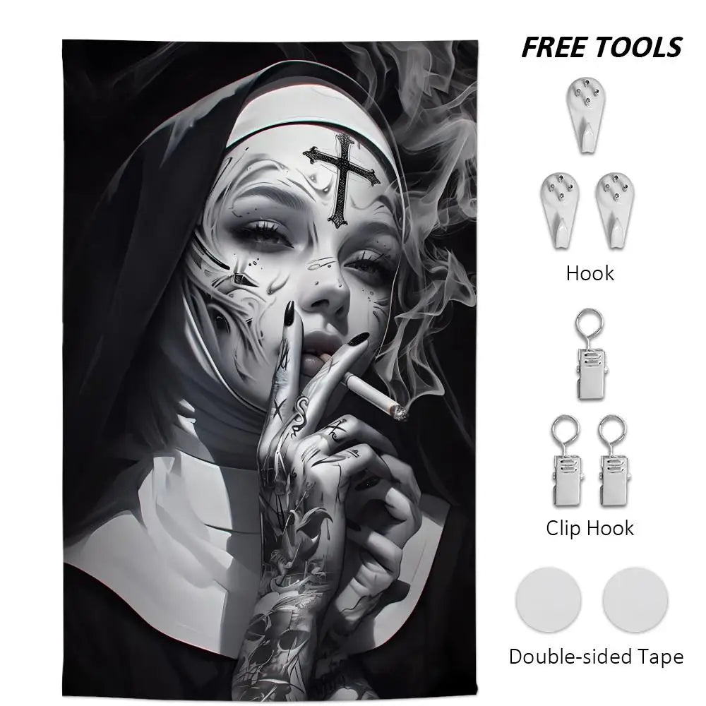 toile d'art contemporaine femme tatouages croix fumée noir blanc clips adhésif 60x90cm 70x115cm 80x130cm