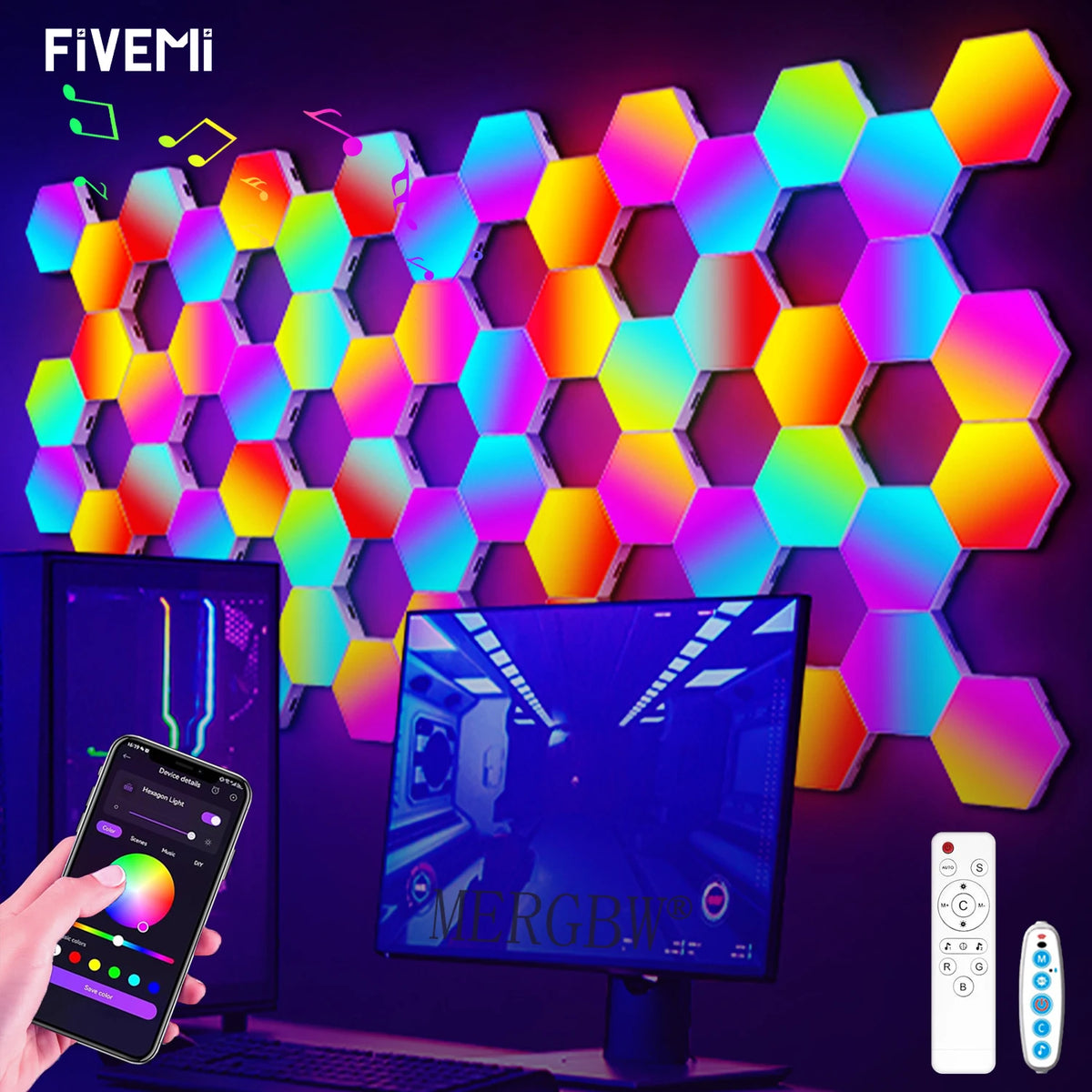 lampe murale hexagonale multicolore diy clips application mobile moderne gradation couleurs veilleuse led