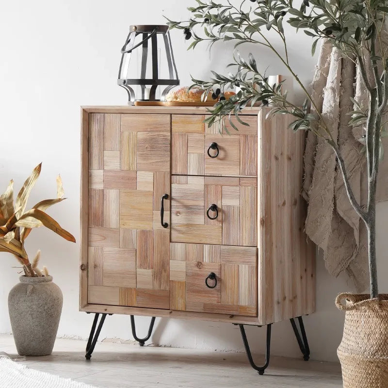 meuble salon armoire bois rustique moderne tiroirs portes beige marron pieds métal anneaux