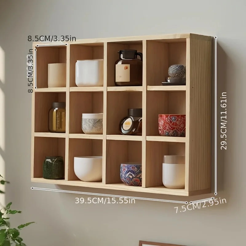 étagère murale bois naturel 12 compartiments moderne rangement salon vintage minimaliste