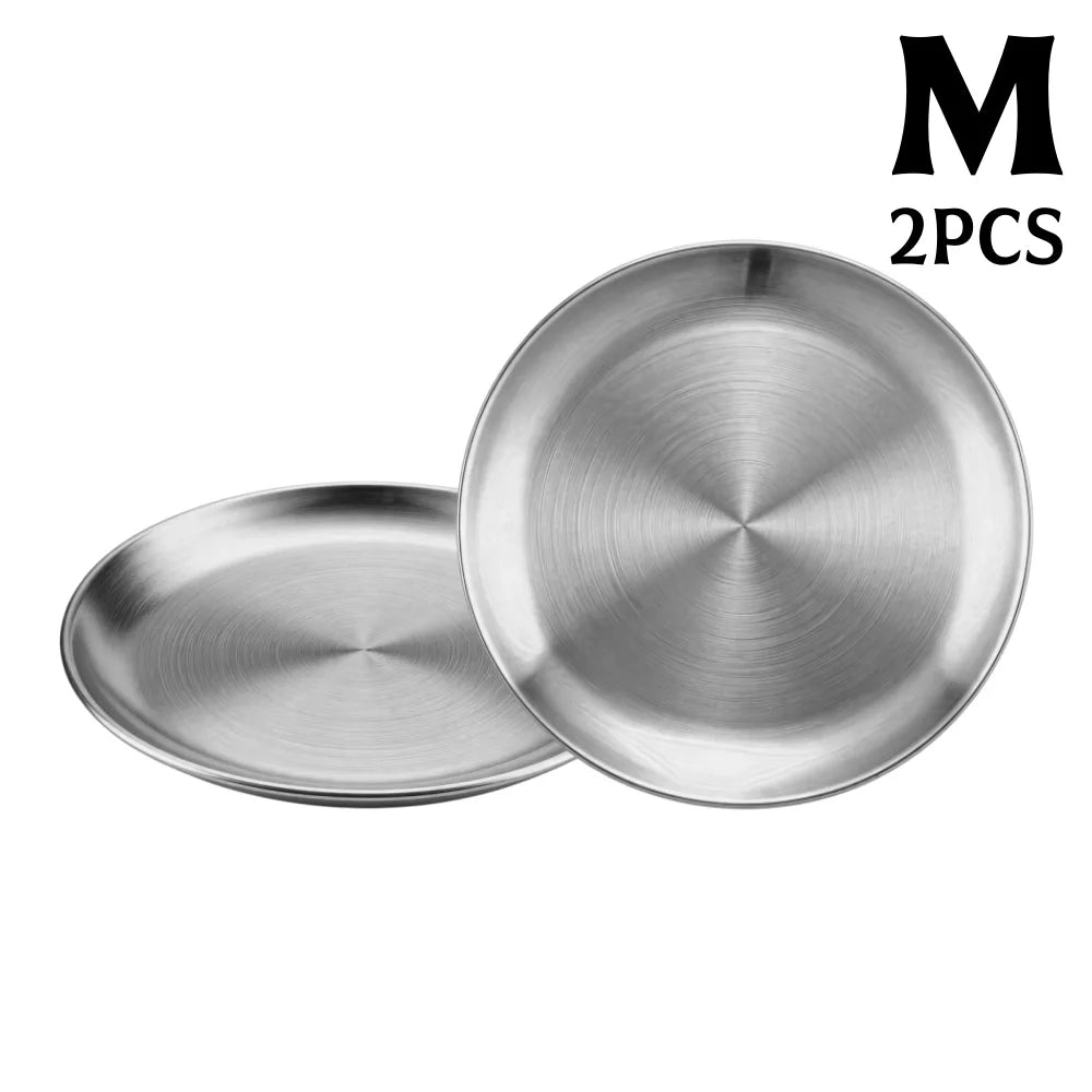assiettes acier inoxydable or argent rondes modernes différentes tailles buffet dessert pizza