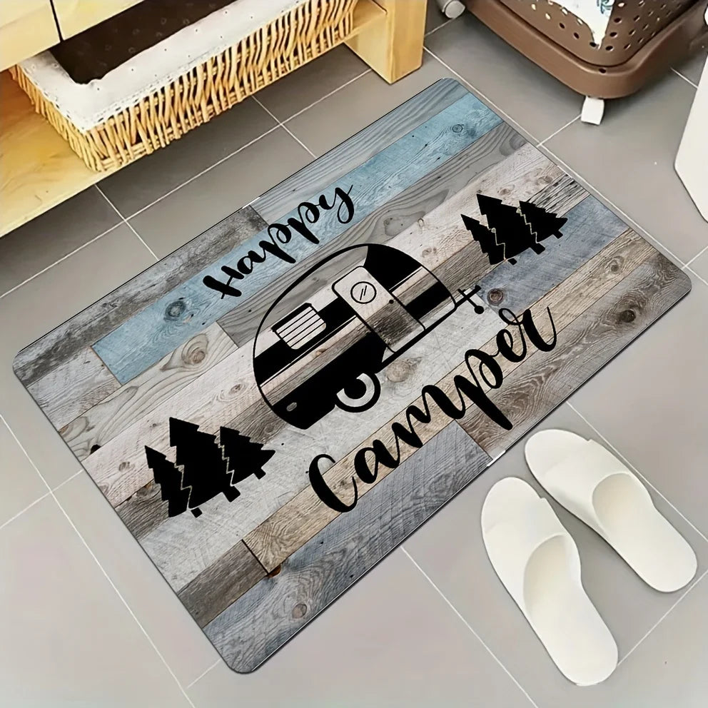 tapis sol gris noir blanc texture bois happy camper rustique vintage