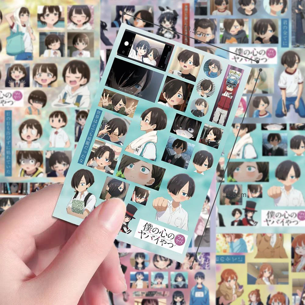 sticker anime personnages expressions faciales violet bleu jaune orange gris opacitéscrição:utf 8;q=microsoft=utf