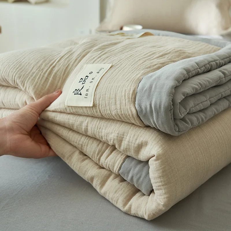 couette d'été coton polyester double couche beige gris légèrement ridée japonaise 150x200cm 180x200cm 200x230cm