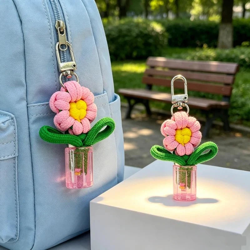 porte clés fleurs tricotées rubans bouteille transparente boucle métal créatif artisanal multicolore