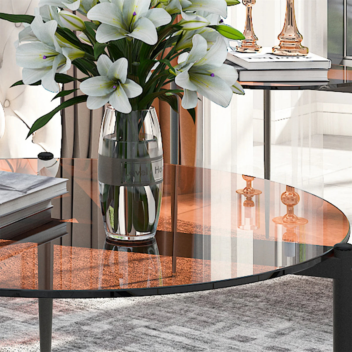 table basse moderne verre transparent pieds métalliques marron clair salon
