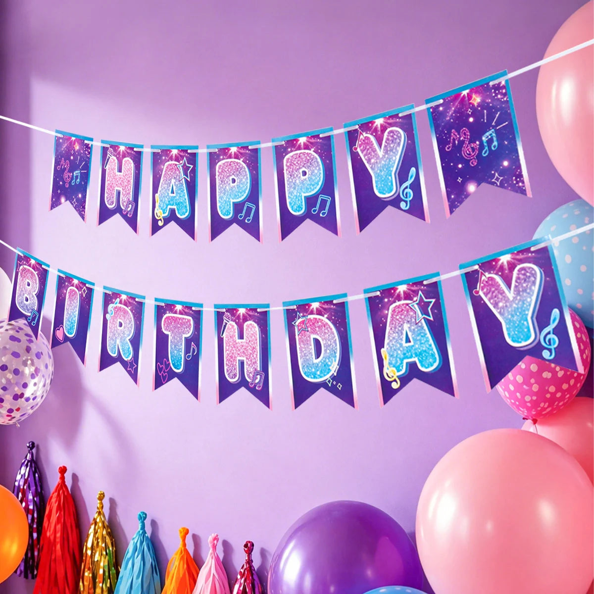 guirlande fanions violet bleu blanc rose étoiles notes musicales paillettes fil festif anniversaire enfant