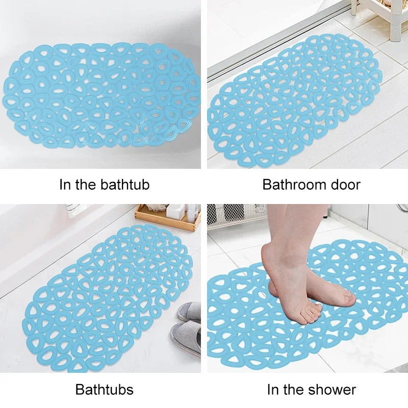 tapis bain moderne bleu clair motifs géométriques alvéolés semi transparent antidérapant respectueux environnement