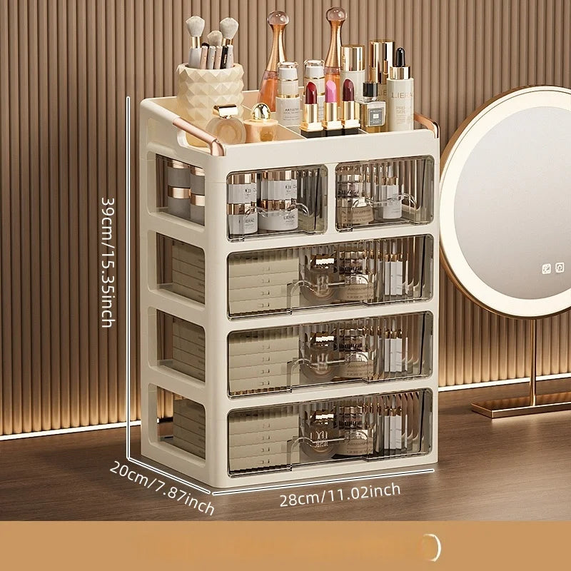 boîtes rangement cosmétiques moderne pliables beige clair poignées dorées étiquettes produits