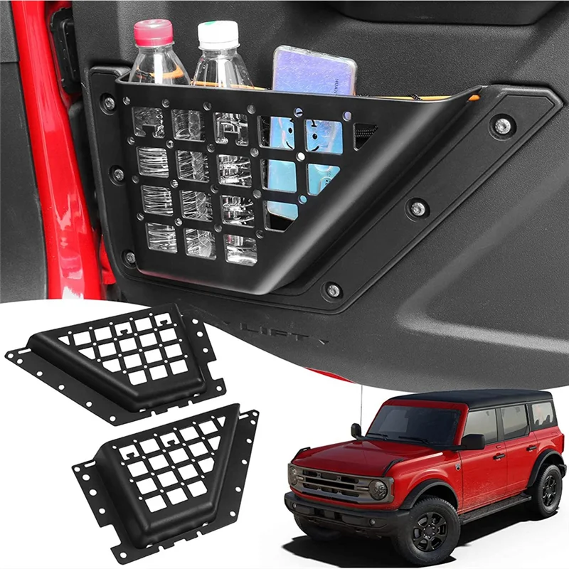rangement porte voiture ford bronco noir rouge grille perforée utilitaire offroad vis fixations bouteilles