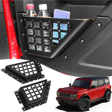 rangement porte voiture ford bronco noir rouge grille perforée utilitaire offroad vis fixations bouteilles