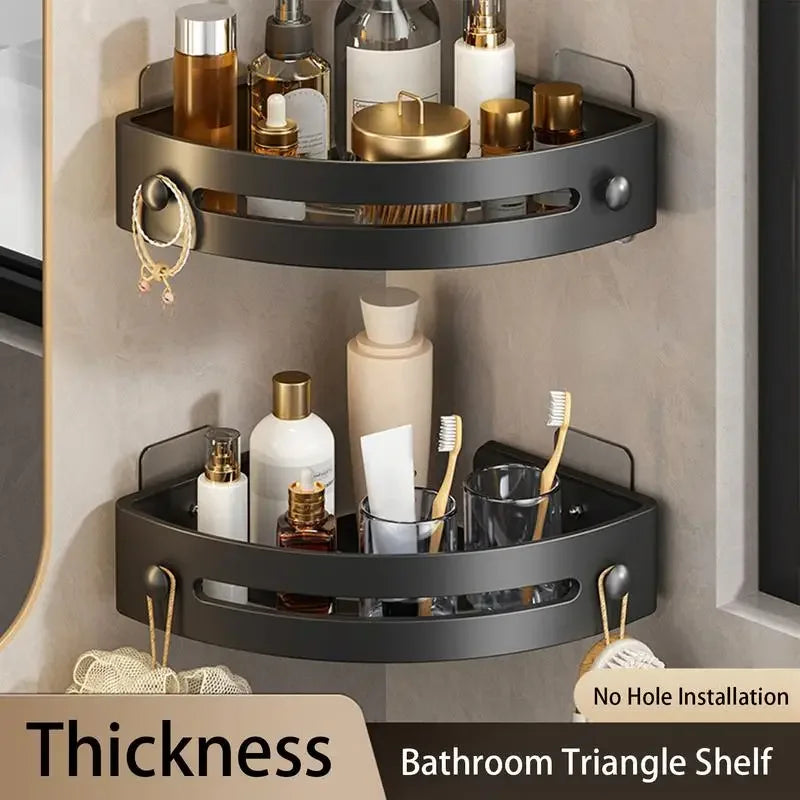 étagère murale triangulaire salle bain gris métal crochets rangement douche moderne autocollante