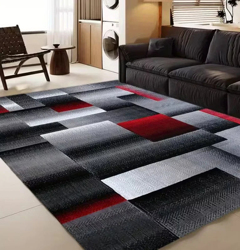 tapis moderne carreaux géométriques bleu gris noir polyester polypropylène salon chambre prière extérieur