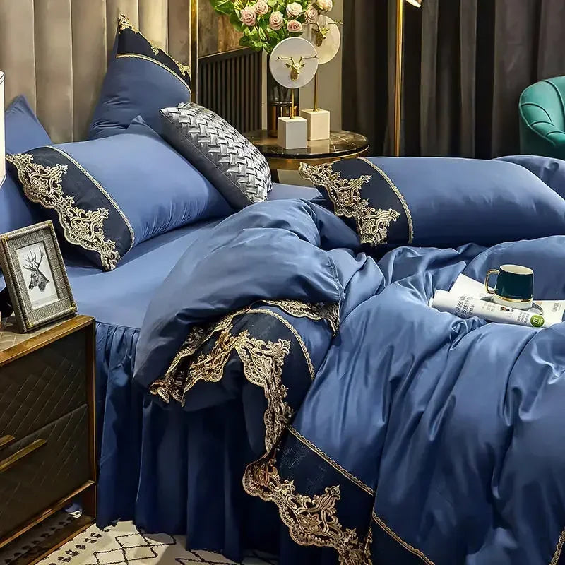 ensemble literie complet couvre lit bleu marine broderie dorée drap taies oreiller classique