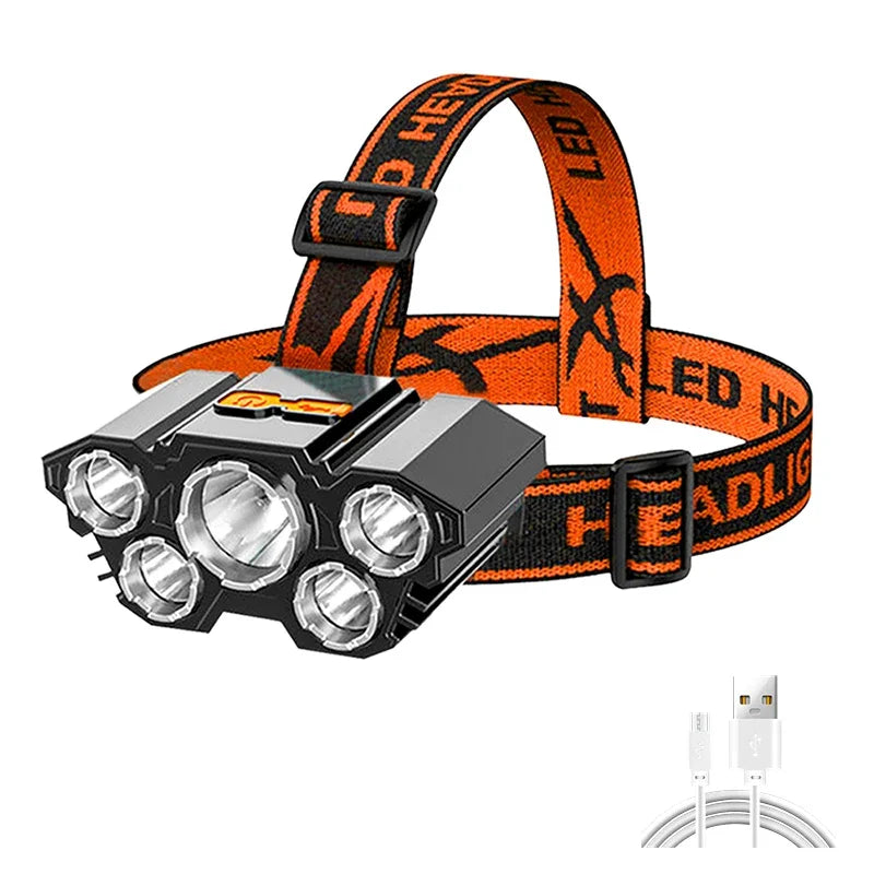 lampe frontale led rechargeable camping pêche rayures noires orange ceinture ajustable haute luminosité usb