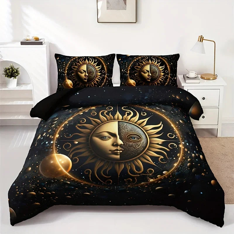 housse couette taie oreiller literie noire dorée motif soleil planètes floral galaxie fantastique chambre