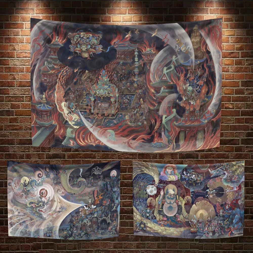tapisserie murale décorative motif mythologique fantastique dragon art asiatique tissu polyester grande taille
