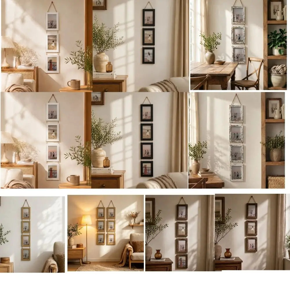 cadre mural multi compartiments moderne noir blanc bois simple minimaliste opaque cordelette cuir