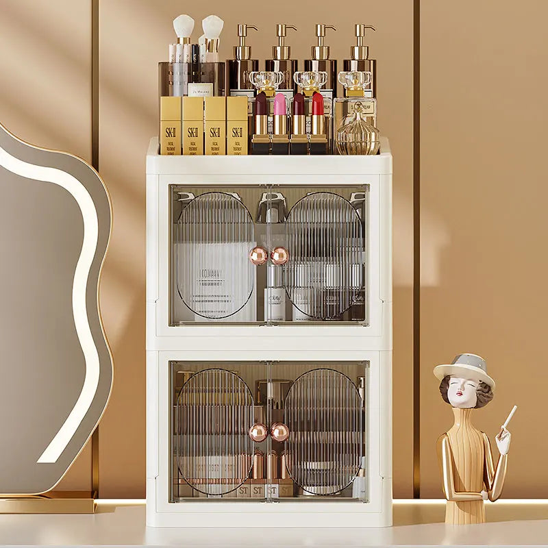 boîte rangement cosmétique tiroirs plastique moderne beige clair panneaux verticaux transparents organisation salon chambre