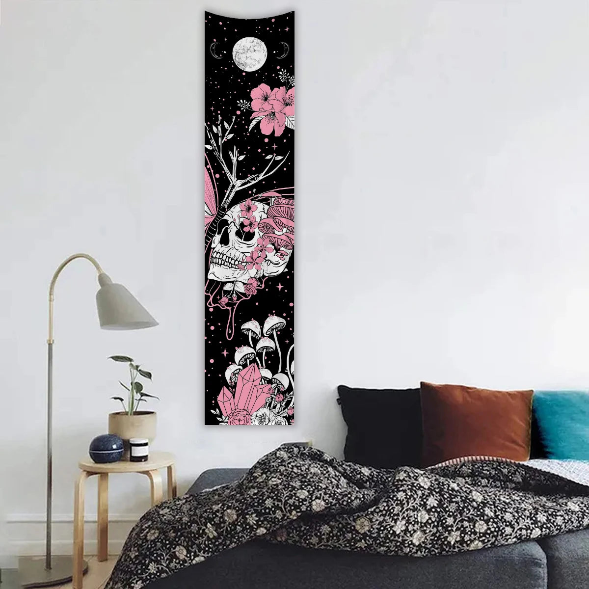 tapisserie moderne fantaisie crânes fleurs papillons oeil lune polyeste noir bleu rose
