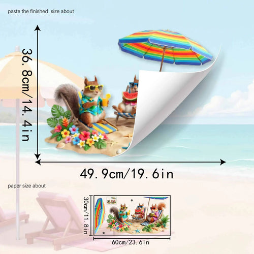 sticker mural multicolore thème plage écureuils parasol fruits fleurs illustration animale adhésif vacances