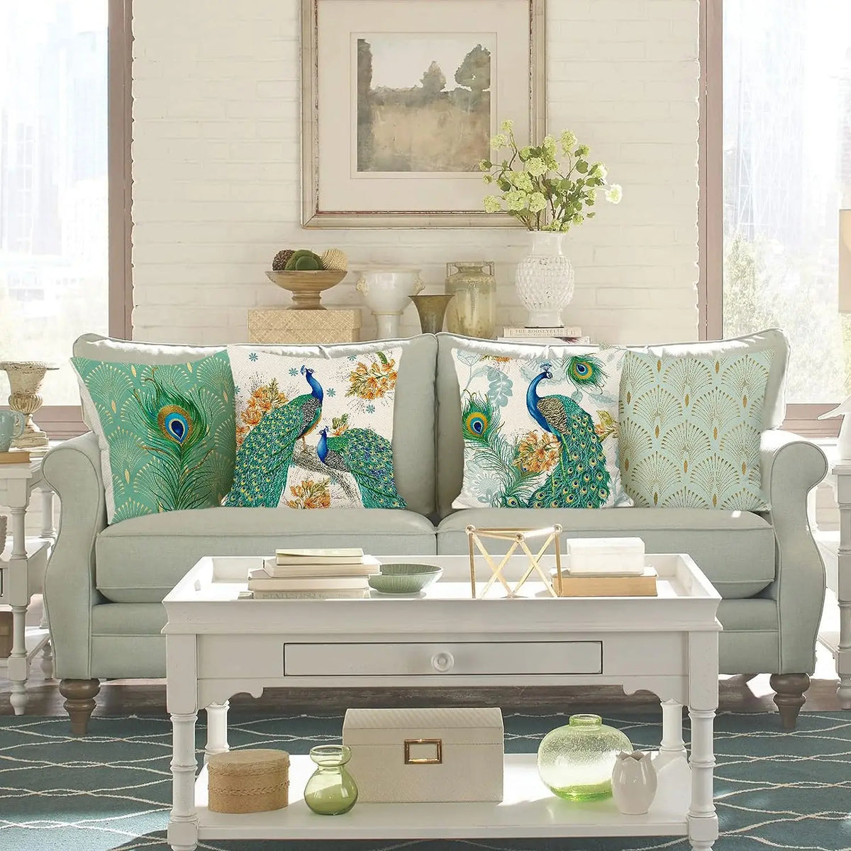 taie d'oreiller lin imprimé plumes paon moderne bleu vert doré coussin carré fixé