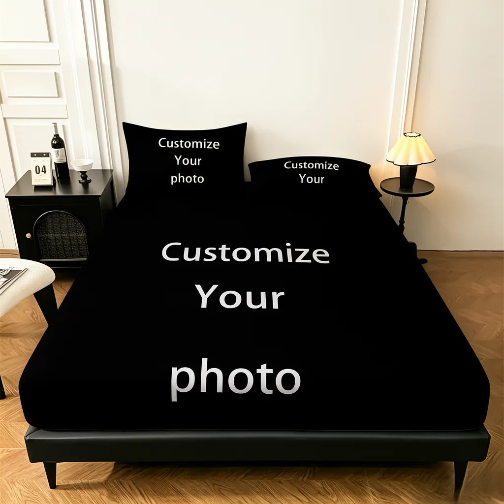 ensemble literie personnalisé noir moderne drap housse deux taies oreiller lisse mat minimaliste imprimé