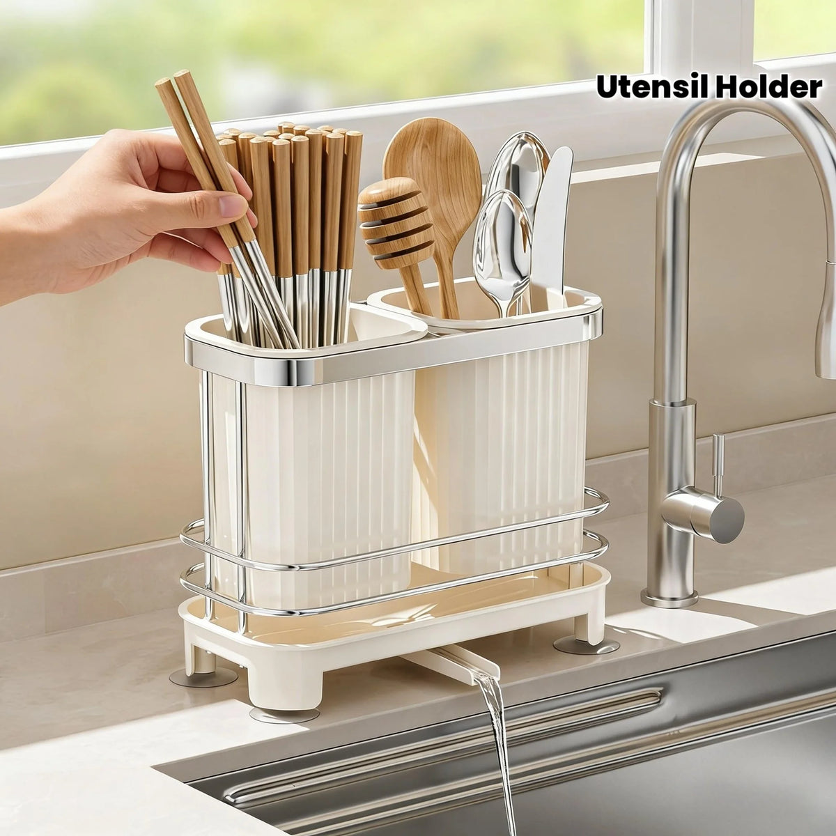 porte utensils acier inoxydable blanc gris moderne rayures verticales clips cuillères fourchettes couteaux miel