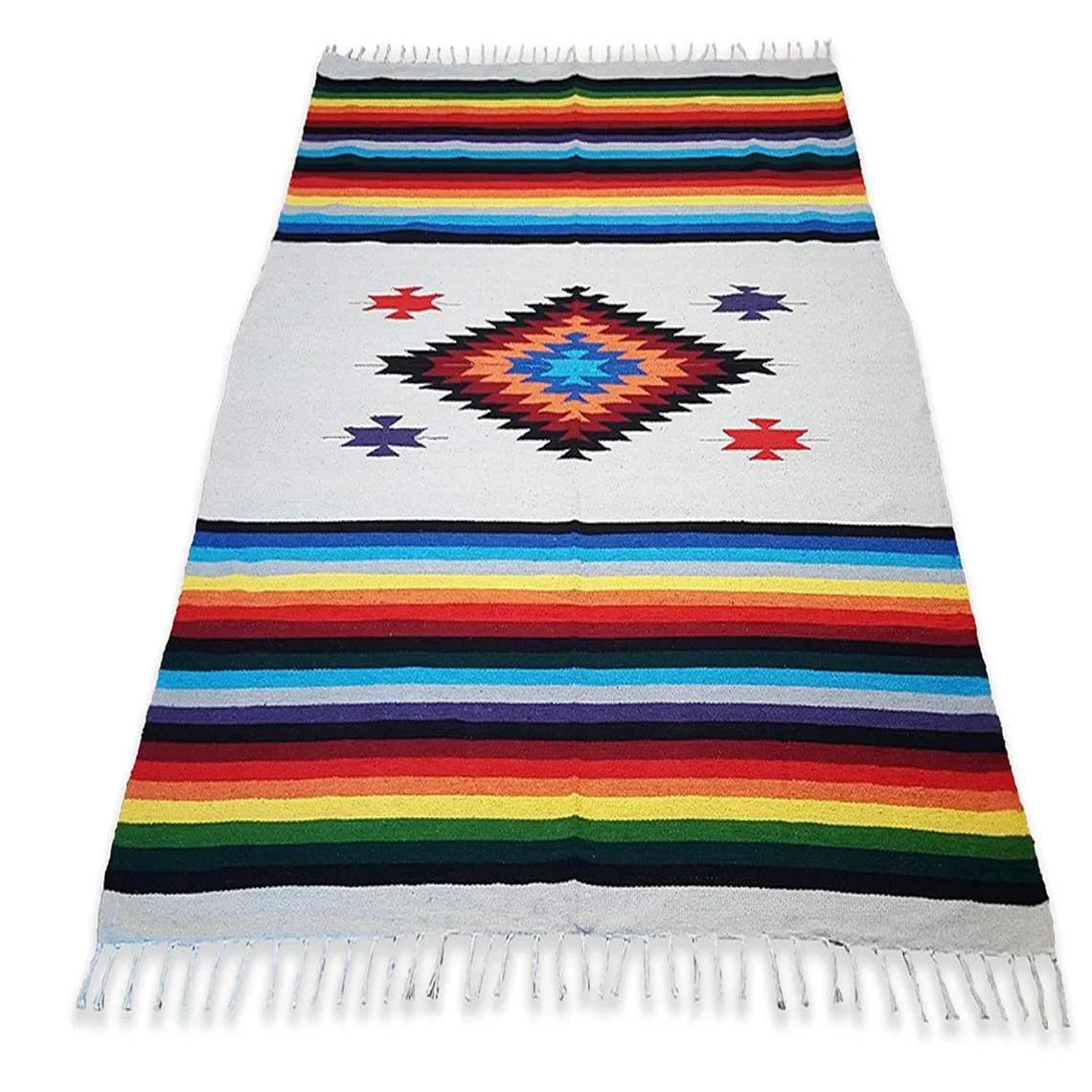 tapis multicolore aztèque triangles losanges franges ethnique portable pique nique voyage maison