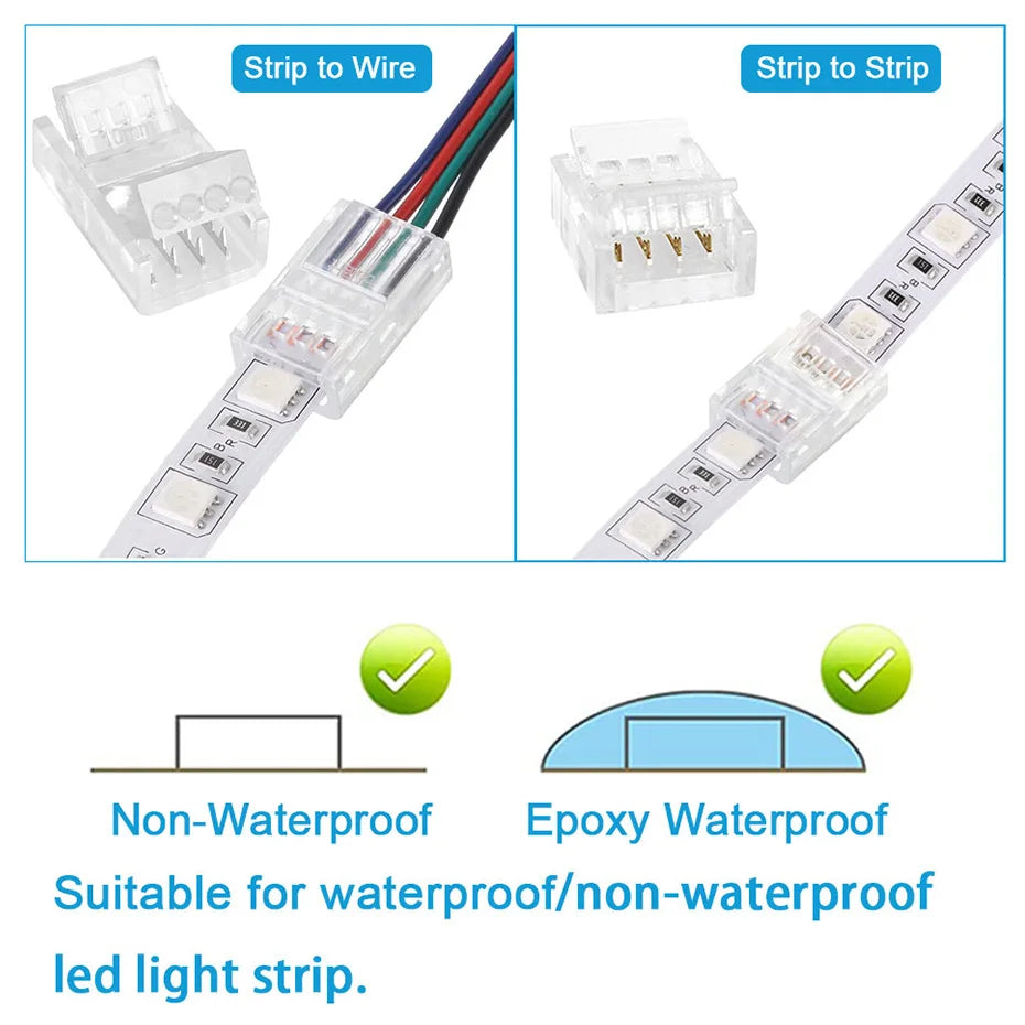 connecteurs led transparent 8mm 10mm 2pin 3pin 4pin adhésifs instructions bleu 24v