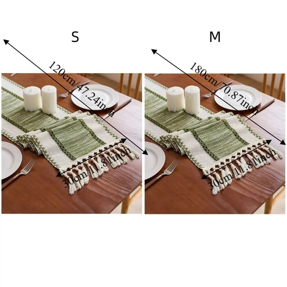 chemin table moderne rayures diagonales vert blanc franges noël mariage fêtes salon