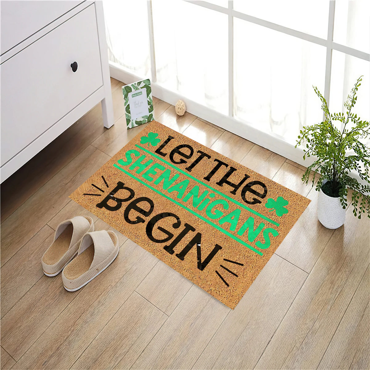 tapis d'entrée marron clair vert antidérapant humoristique trèfle lettrage shenanigans(begin)