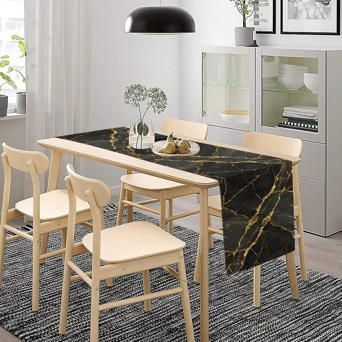 chimene table lin imitation marbre noir veines dorées moderne luxueux 184cm longueur 34cm largeur