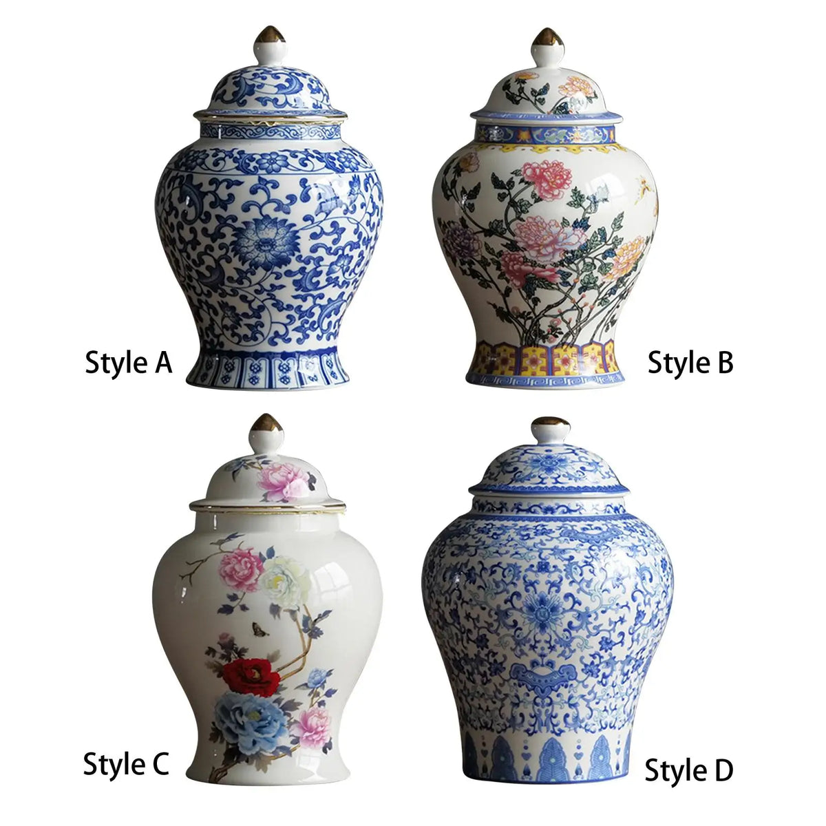 vase bleu blanc pot épices céramique couvercle poignée ornements floraux classiques