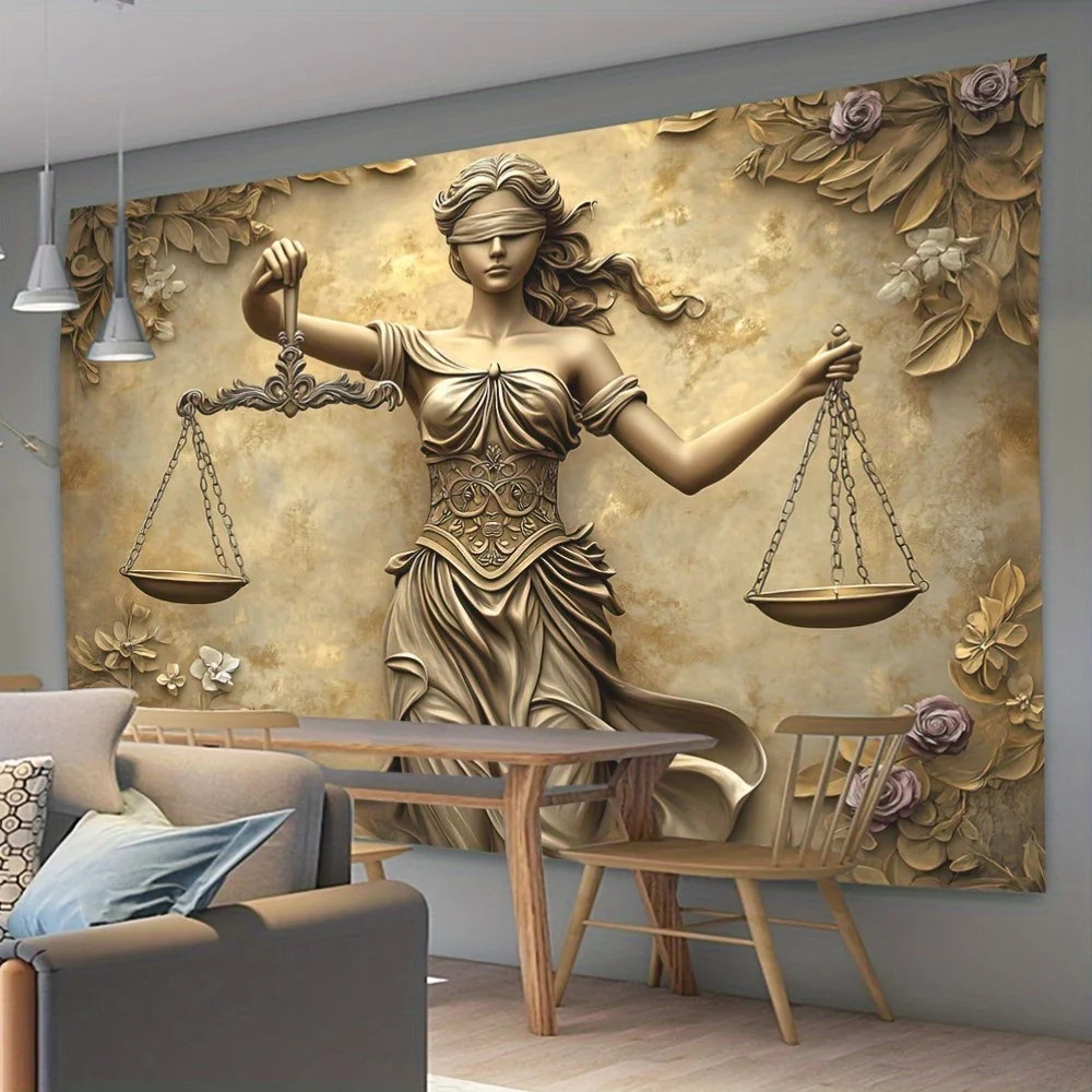 toile d'art statue justice balances fleurs classique baroque polyestère beige doré moderne salon chambre