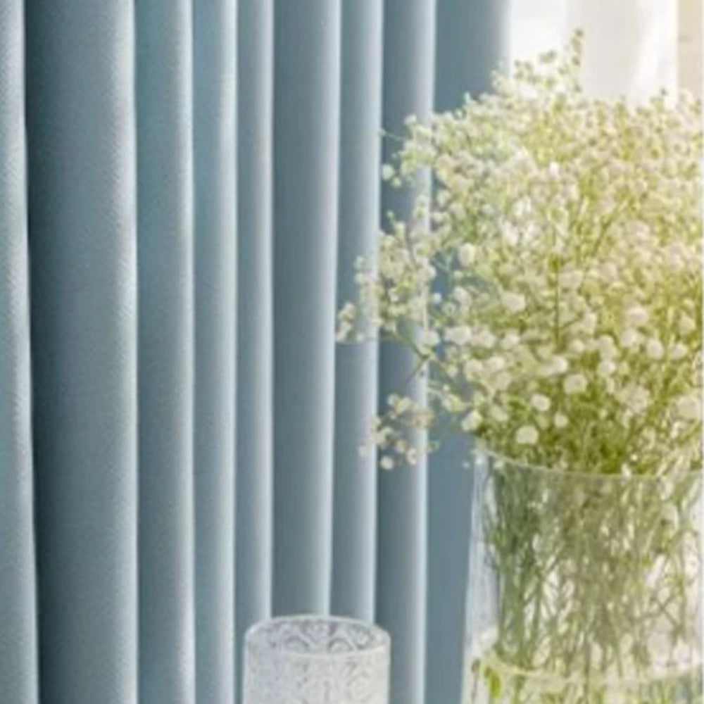 rideau moderne bleu clair texture tissée opaque extérieure fenêtre plate hooks tape top polyester