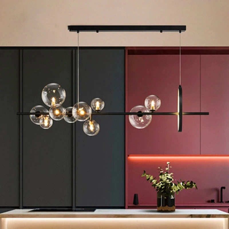 suspension lumineuse moderne noir boules transparentes scandinave chaînes suspendues interrupteur poussoir lumière salon cuisine