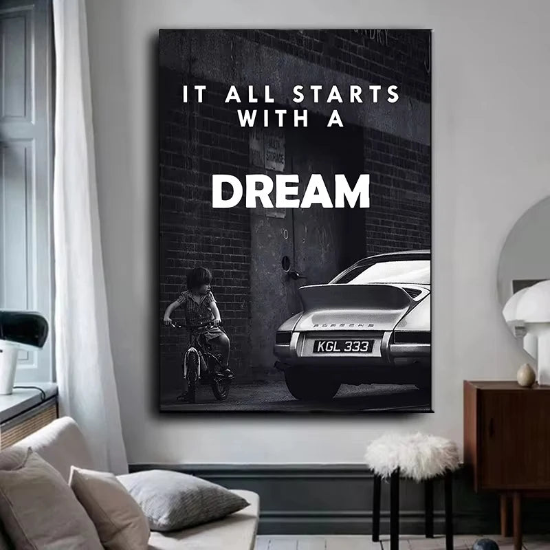 Impression toile enfant tricycle Porsche message rêve moderne horizontal sans cadre