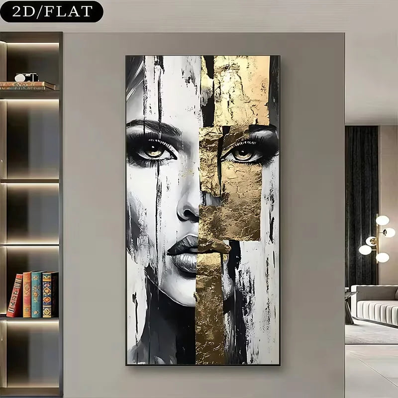 toile d'art contemporaine abstraite portrait huile blanc noir doré sans cadre 30x60cm 40x80cm 50x100cm
