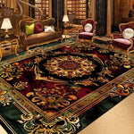 Magnifique tapis oriental de luxe, avec un motif floral aux riches couleurs chaudes et dorées sur un fond sombre, créant une atmosphère chaleureuse et élégante dans cette pièce de style classique.