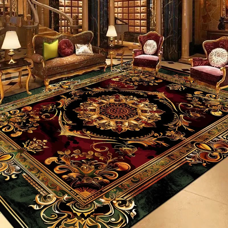 Magnifique tapis oriental de luxe, avec un motif floral aux riches couleurs chaudes et dorées sur un fond sombre, créant une atmosphère chaleureuse et élégante dans cette pièce de style classique.