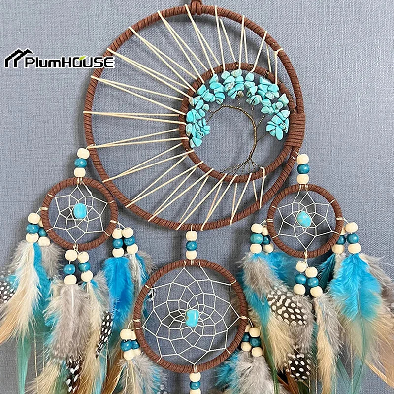 attrape rêves ethnique attrape rêves boho chic plumes fil raphia marron bleu blanc