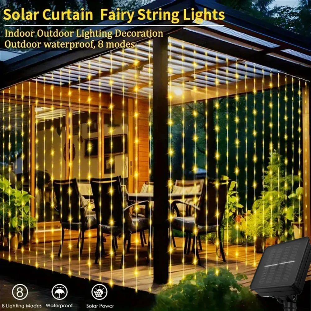 guirlande lumineuse rideau solaire led multicolore decoration exterieur jardin festive moderne