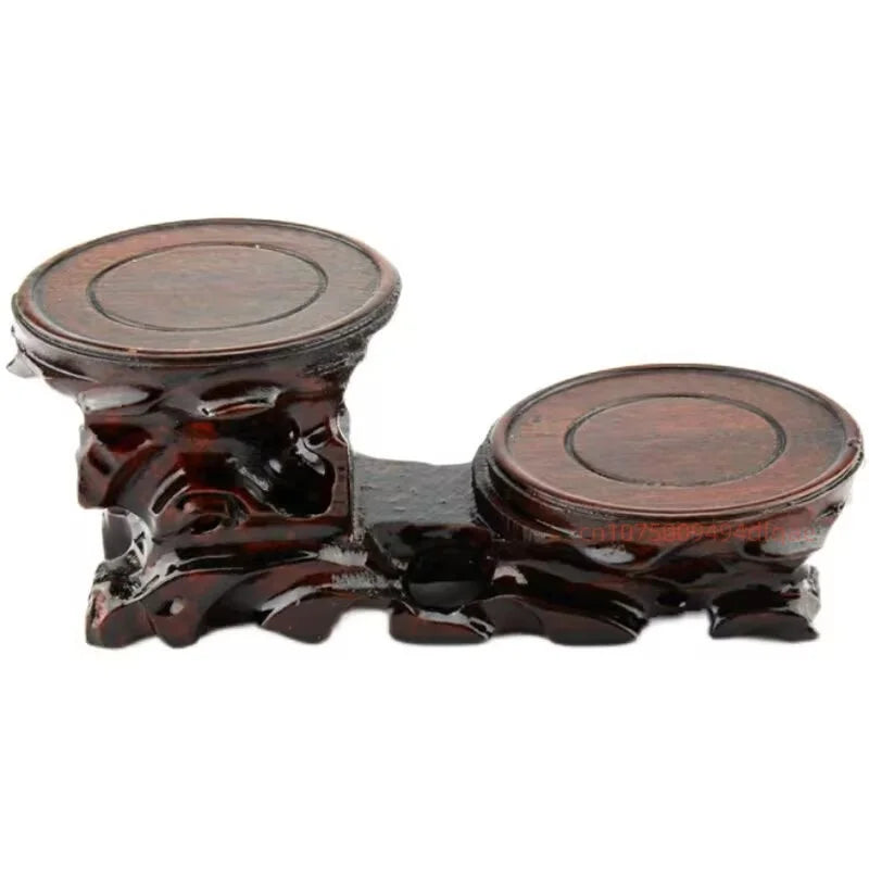 présentoir bois sculpté chinois plateformes circulaires vases céramique fleur séchée bouddha pierre