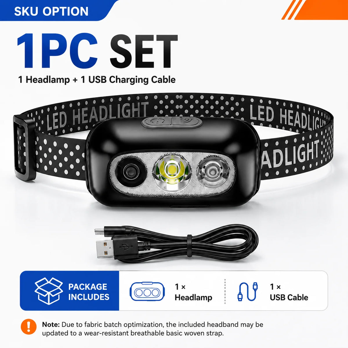 lampe frontale led rechargeable usb détecteur mouvement camping pêche randonnée adjustable headband noir moderne