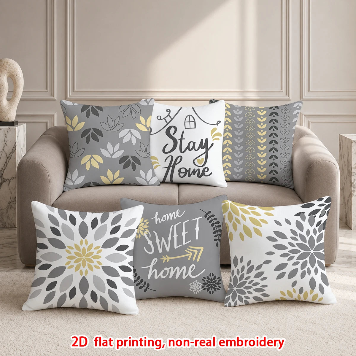 lot housses coussin décoratives gris jaune motif floral moderne canapé chambre