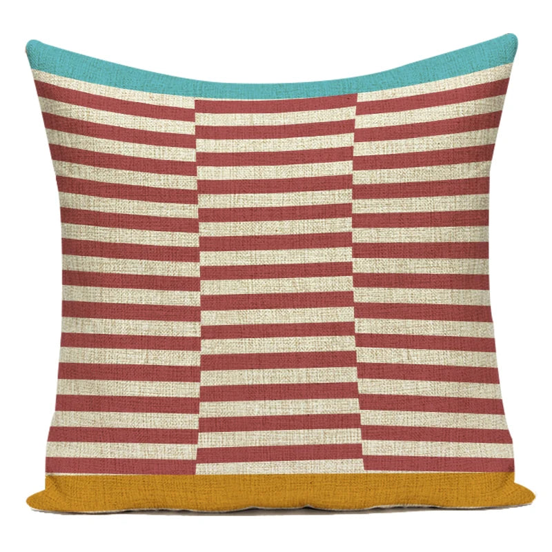 housse coussin carrée rayures horizontales géométriques rouge bleu beige décorative salon canapé maison