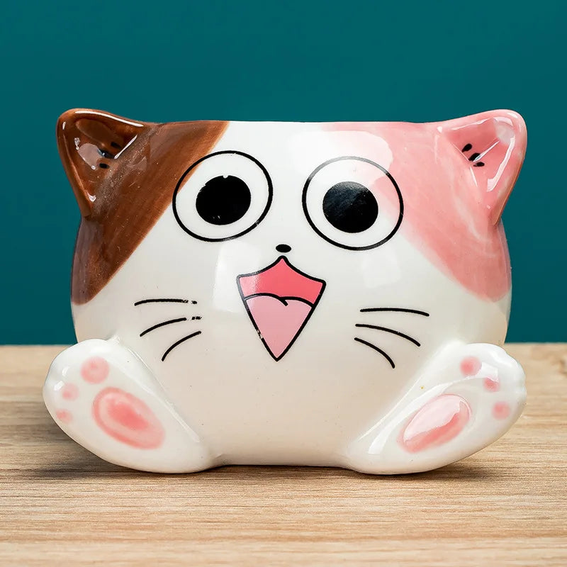 cache pot forme chat cartoon miniature deco plante verte blanc rose orange